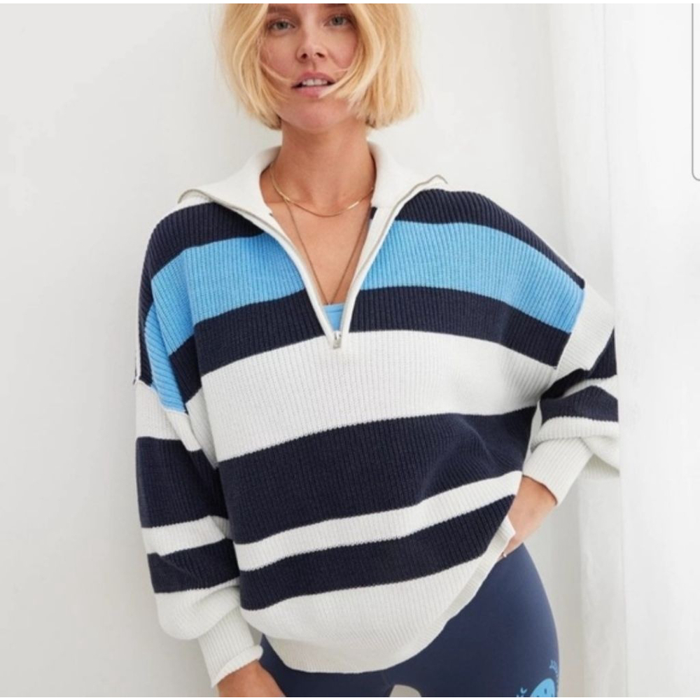 Aerie Blue White Striped Knit Quarter Zip Pullover Cotton Oversized Womens Large